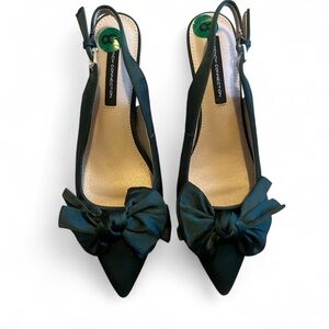 French Connection Dark Green Satin Bow Slingback kitten Heels